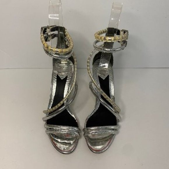 B BRIAN ATWOOD SEDINI Metallic Silver Leather Wedge Gladiator Sandals Size 8 - Picture 6 of 8